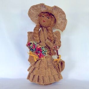 Vintage 1996 Adorable Handcrafted Burlap Doll with Floral Accents Made In Brazil